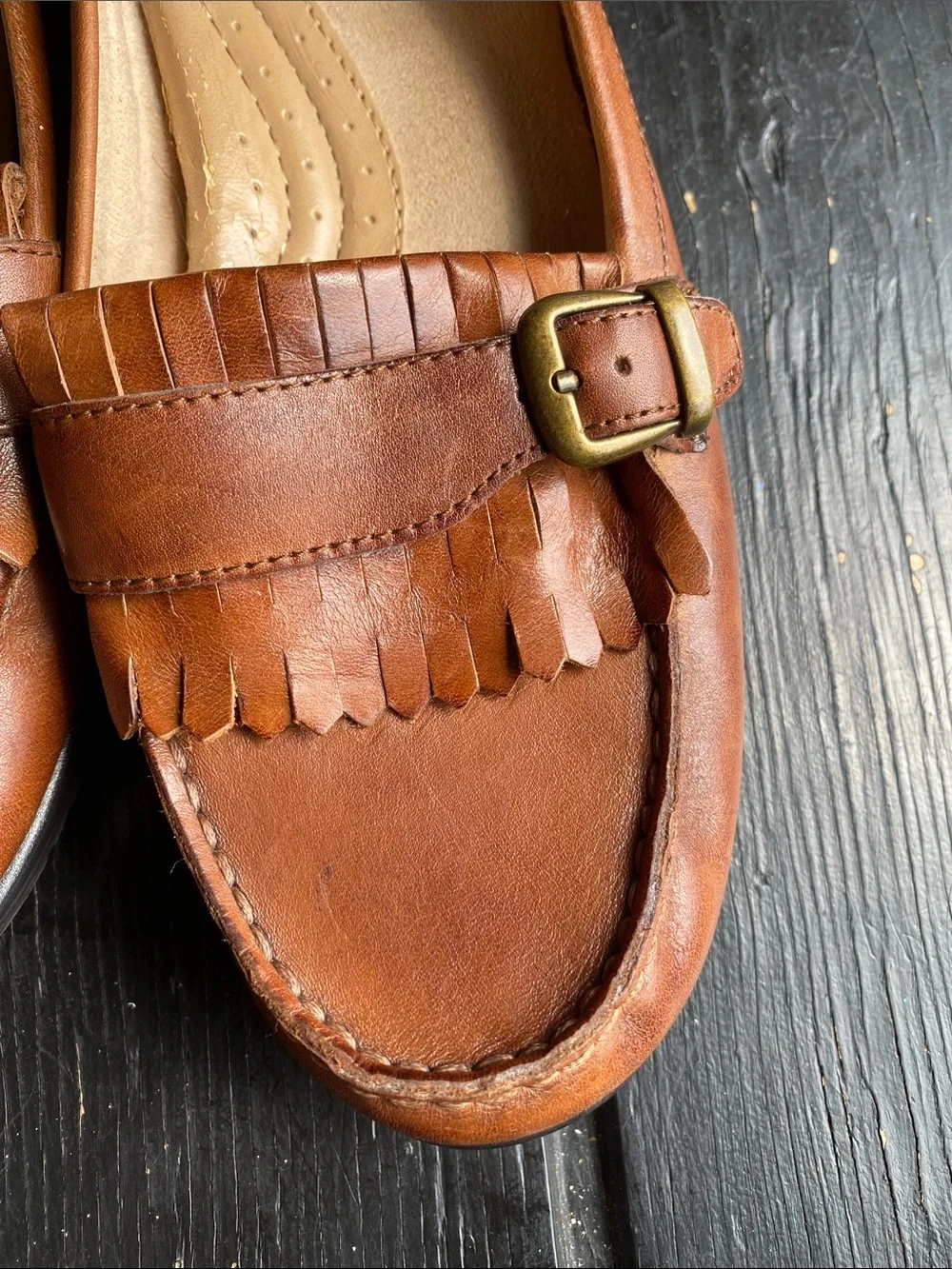 Earth Spirit Tan Leather Kiltie Loafers with Buckle